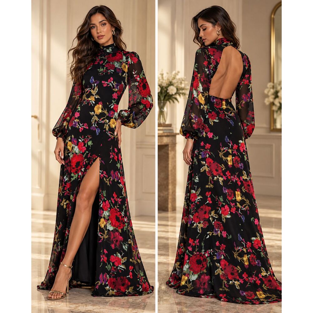 Lulus Graceful Arrival Maxi Dress Black Floral Burnout Backless Size L NWOT